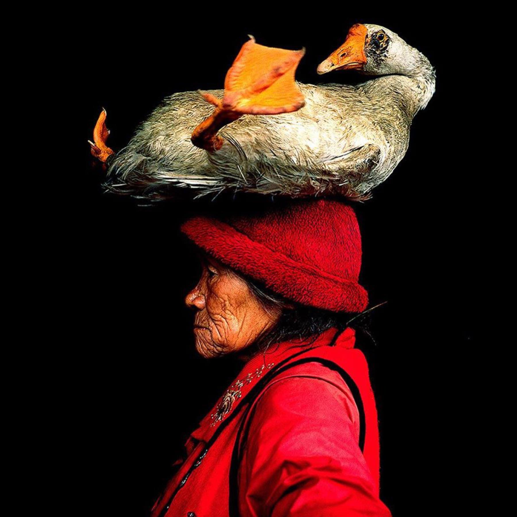 Woman in a red hat carrying a duck on her head